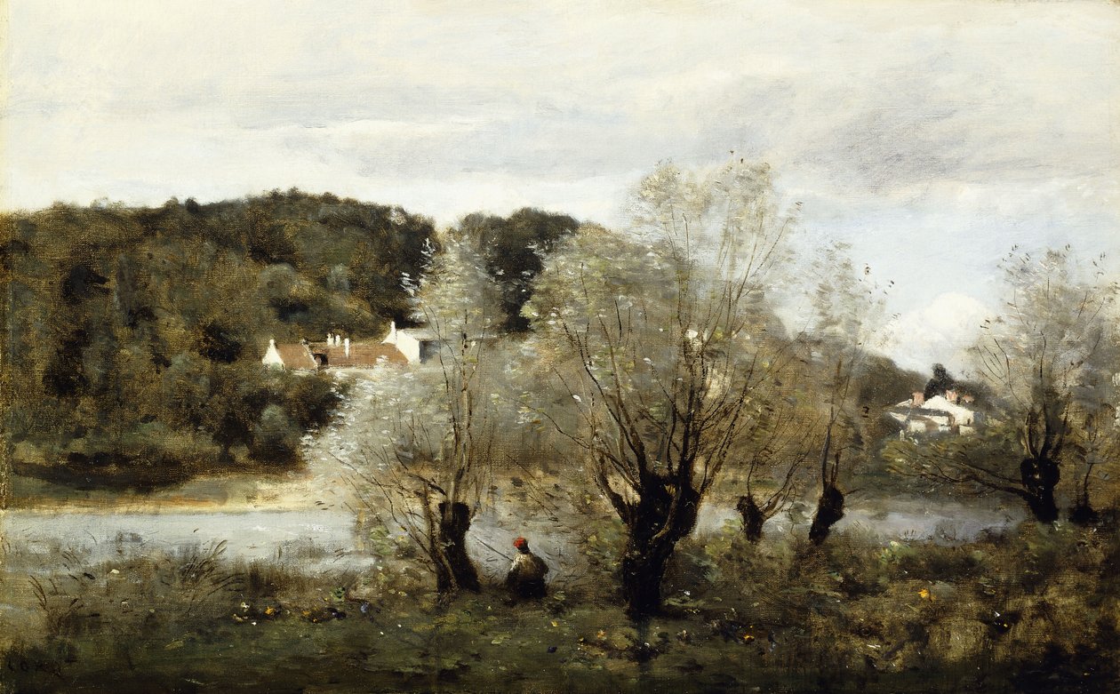 アヴァリの村の池の端にいる漁師。 Pecheur au Bord de L "Etang a Ville d" Avray、c.1850-55 作： ジャン・バプティスト・カミーユ・コロー