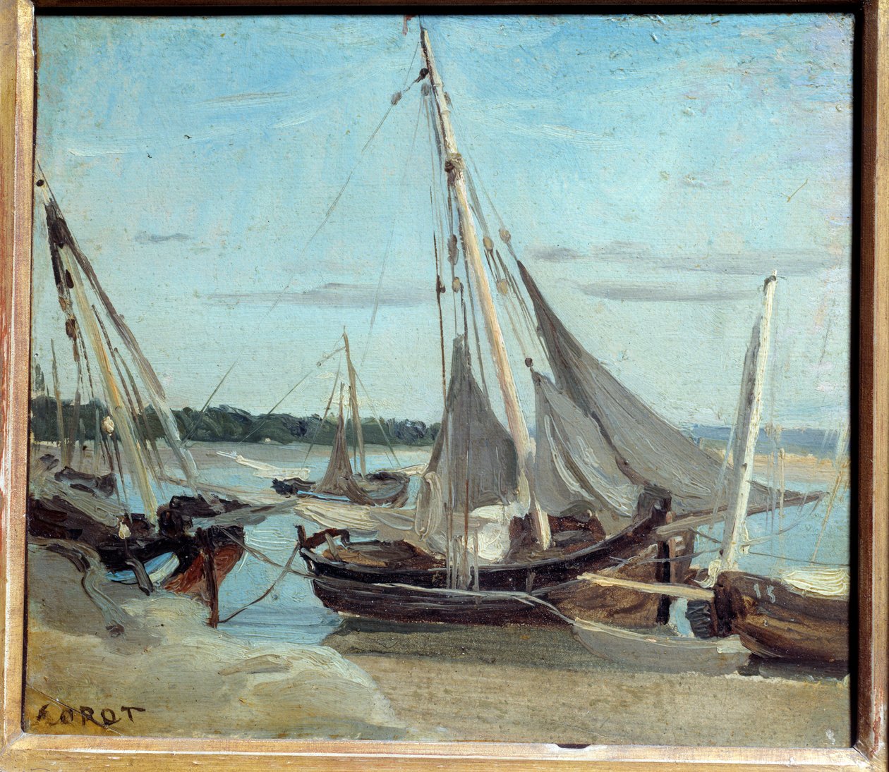 トルビル海峡の漁船。カミーユ・コロー（1796-1875）の絵画 作： ジャン・バプティスト・カミーユ・コロー