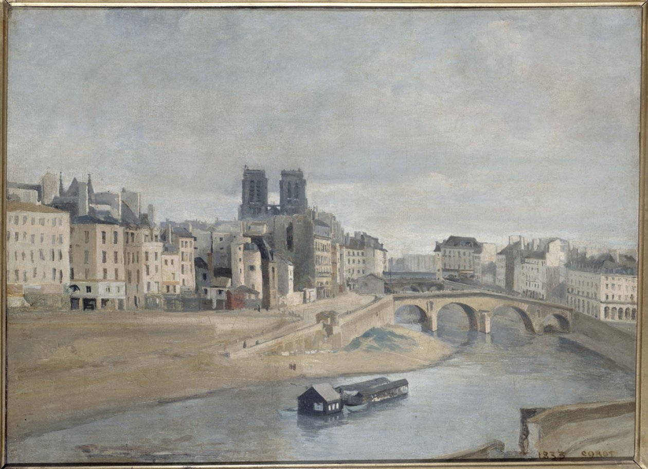 フランス語：Le Quai des Orfèvres et le Pont Saint Michel ケ・デ・オルフェーブルとサン・ミッシェル橋 by ジャン＝バティスト・コロー 作： ジャン・バプティスト・カミーユ・コロー