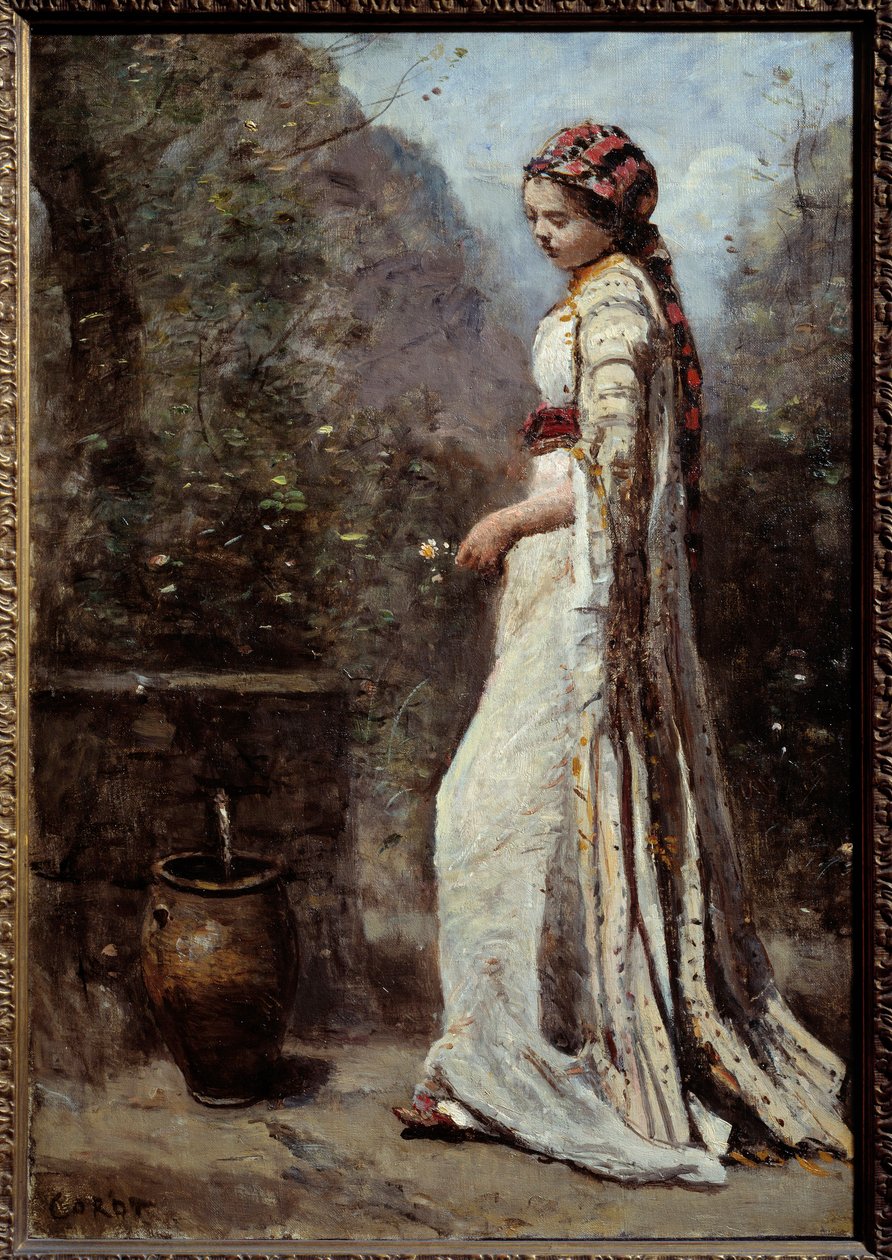 ギリシャの少女は泉を持っているカミーユ・コロー（1796-1875）の絵 作： ジャン・バプティスト・カミーユ・コロー