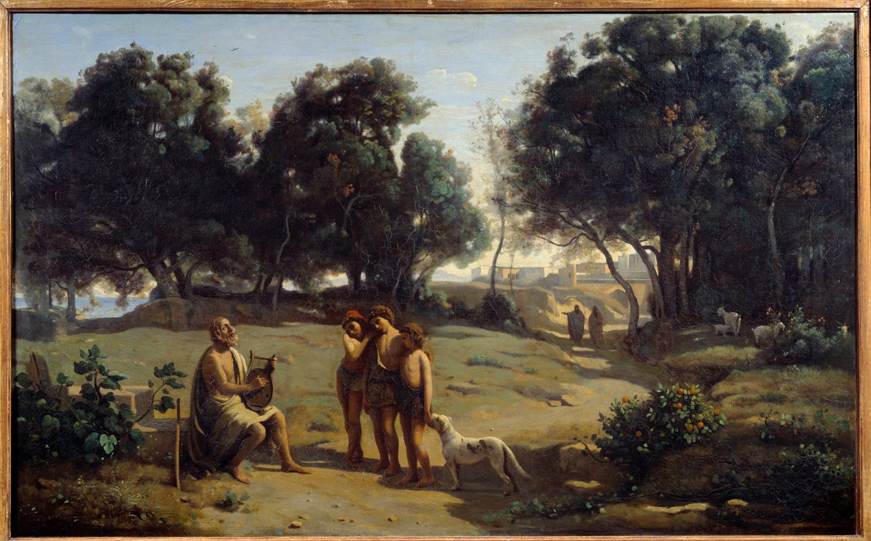 ホメレと羊飼いたち。パトモス島のギリシャの詩人。カミーユ・コロー（1796-1875）の絵画 1845年 Sun.0,8x1,3 m サン・ロー、ボザール美術館 作： ジャン・バプティスト・カミーユ・コロー