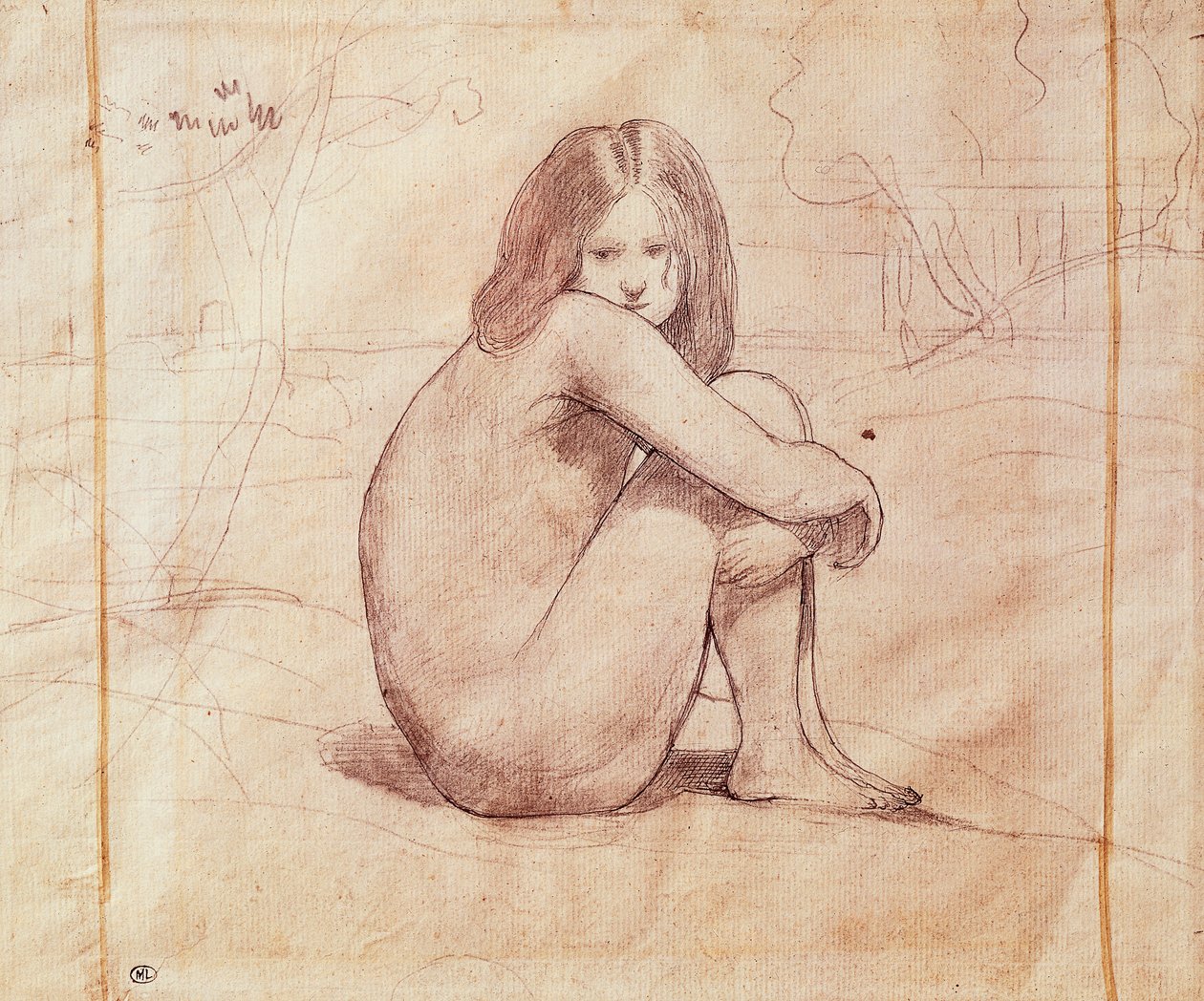 ジャン＝バティスト＝カミーユ・コロー（1796-1875）が描いた「座っている裸の少女」。 作： ジャン・バプティスト・カミーユ・コロー