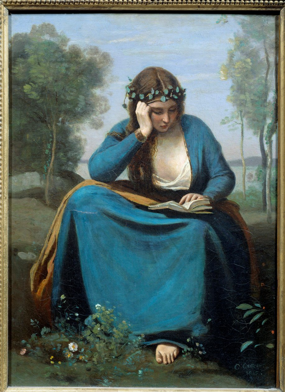 花の冠をかぶった読者」または「ヴィルジルのミューズ」 カミーユ・コロー（1796-1875）の絵画 1845年 薄さ0.45x0.34 m 作： ジャン・バプティスト・カミーユ・コロー