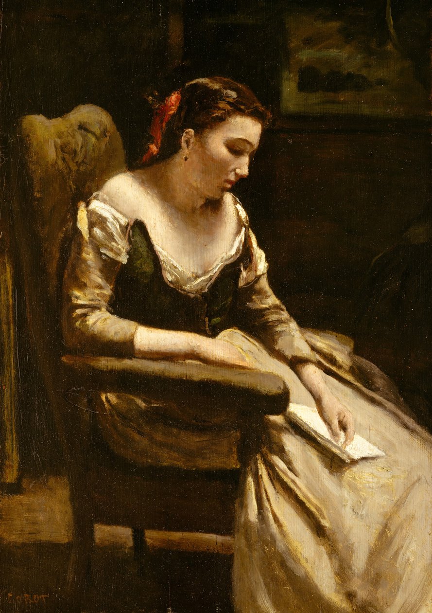 手紙、ca。 1865 作： ジャン・バプティスト・カミーユ・コロー