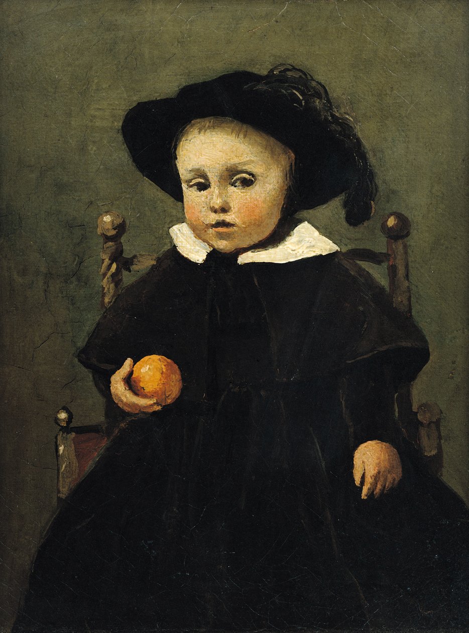 画家アドルフ・デスブローチャー（1841-1902）、子供、オレンジを抱いて1845 作： ジャン・バプティスト・カミーユ・コロー
