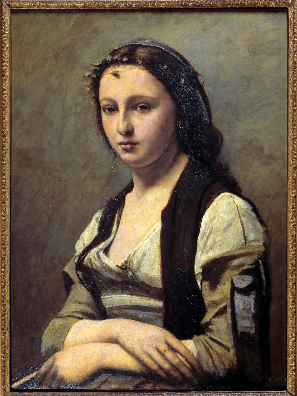 女性は真珠を持っています。カミーユ・コロー（1796-1875）の絵画
