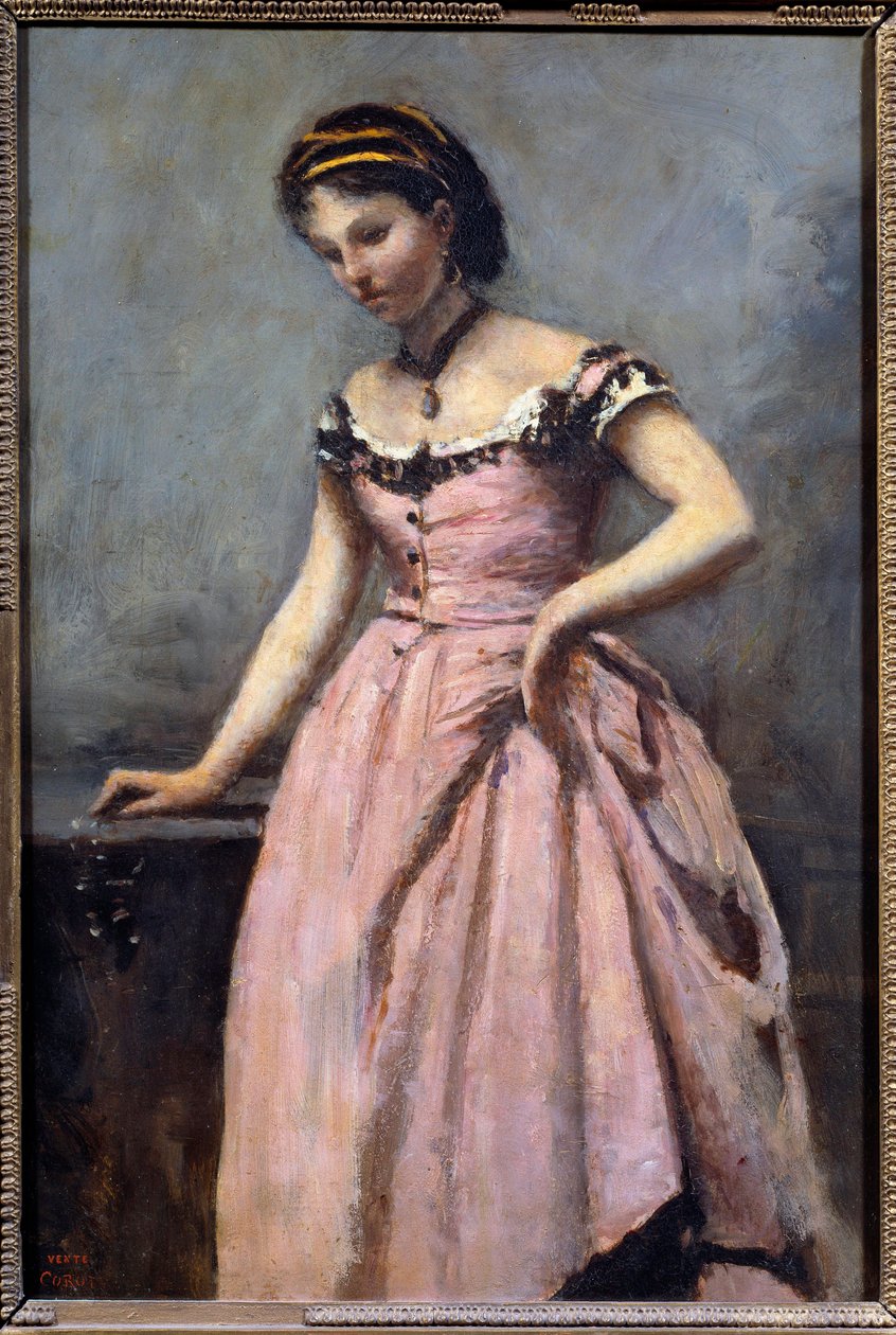 ピンクのドレスを着た少女 カミーユ・コロー（1796-1875）の絵画 19世紀 日0.46x0.32 m パリ、オルセー美術館 作： ジャン・バプティスト・カミーユ・コロー