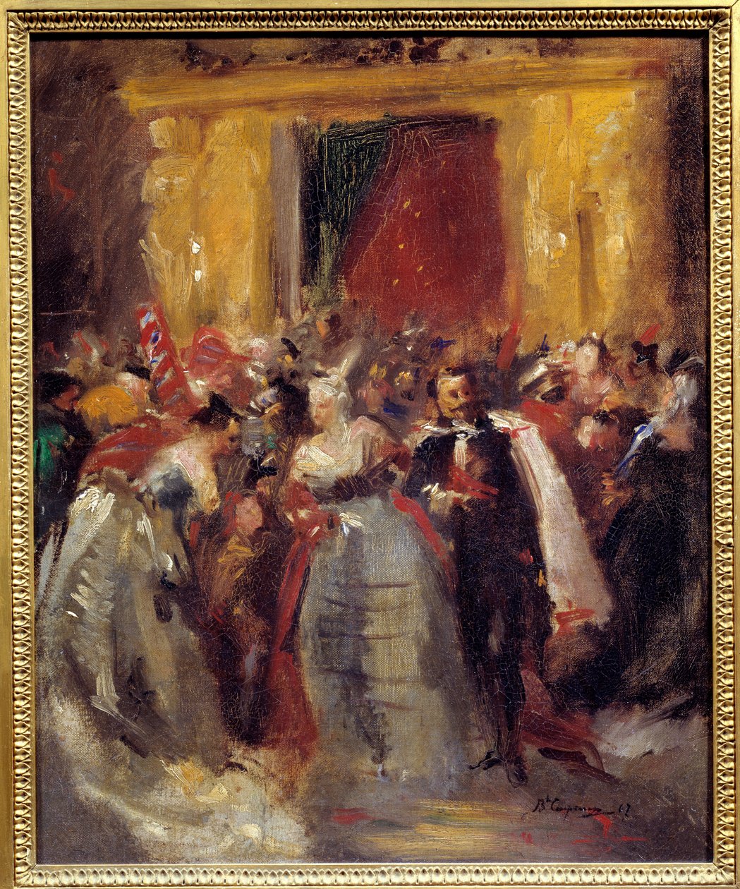 チュイルリー宮殿での舞踏会の衣装。ナポレオン3世（1808-1873）とカスティリオーネ伯爵夫人（1837-1899、イタリアの有名な宮廷女官）（ヴァージニア・エリザベッタ・ルイサ・カルロッタ・アントニエッタ・テレサ・マリア・オルドウィーニ）。ジャン・バティスト（Jean-Baptiste）・カルプの絵画 作： ジャン・バプティスト・カルポー