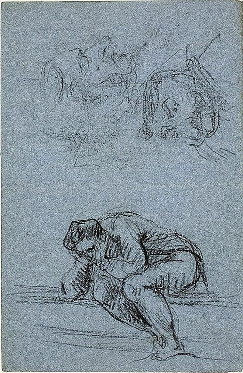 手に頭を乗せた坐像と2つの戯画（レクト）；ルネットの中の4人の人物（裏面） 作： ジャン・バプティスト・カルポー