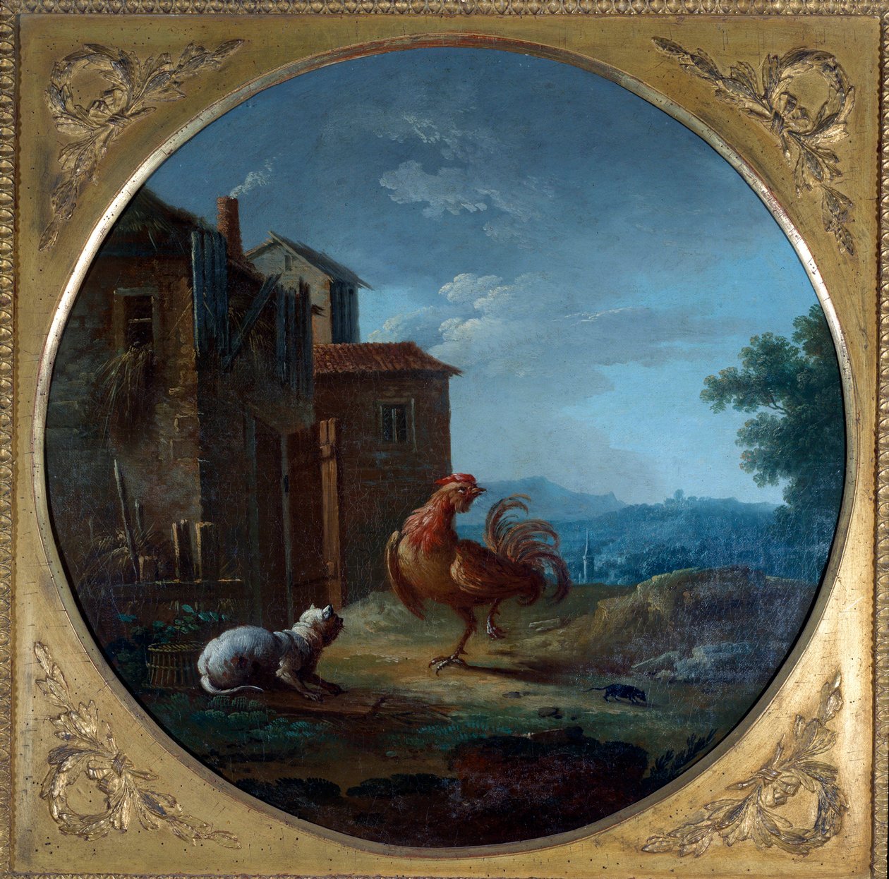 ブタ、ネコ、ネズミ。 ジャン・ド・ラ・フォンテーヌによる寓話の挿絵。 Jean Baptiste Claudot (1733-1805) の絵画 作： Jean-Baptiste Claudot