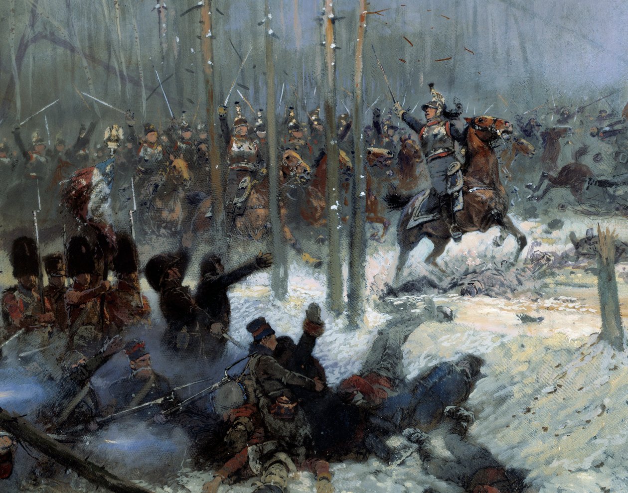 1812年のロシアキャンペーン"Charge of the 7th battleship of Colonel Dubois at la Berezina (Beresina) on 11/28/1812 in Russia" Detail.ジャン・バティスト・エドゥアール（Jean Baptiste Edouard）デテール（1848-1912）の絵画 19世紀。パリ、アルミー美術館 作： ジャン・バプティスト・エドゥアール・ディテール