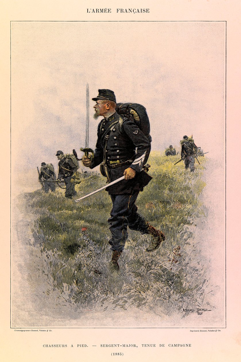 Edouard Detaille（1848-1912）が描いたジュール・リシャール大尉のフランス軍の種類と軍服。フット・ハンター。1885年の野戦服を着た軍曹長、個人蔵 作： ジャン・バプティスト・エドゥアール・ディテール
