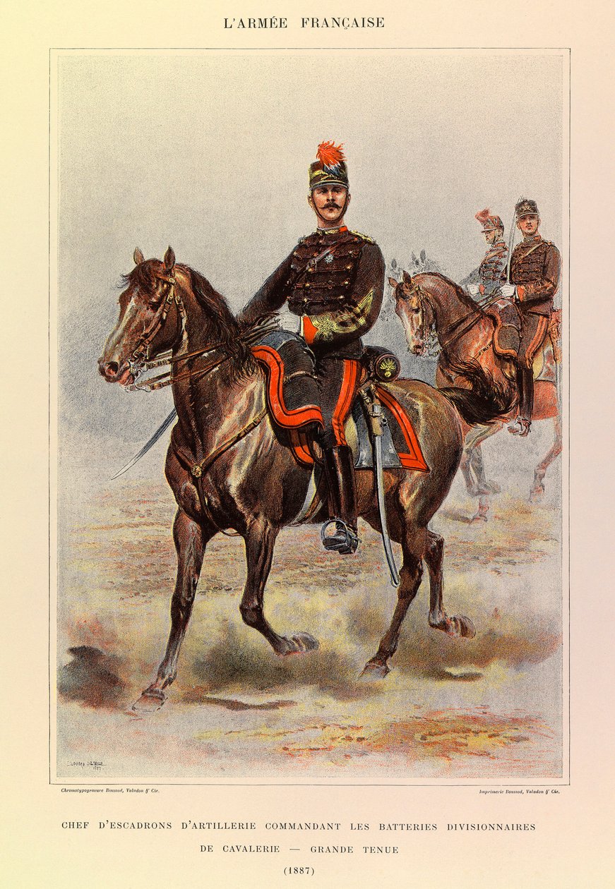 ジュール・リシャール大尉のフランス軍の種類と軍服、エドゥアール・ディテール（1848-1912）のイラストレーション。1887年、大型服を着た騎兵師団を指揮する砲兵隊長、個人蔵 作： ジャン・バプティスト・エドゥアール・ディテール