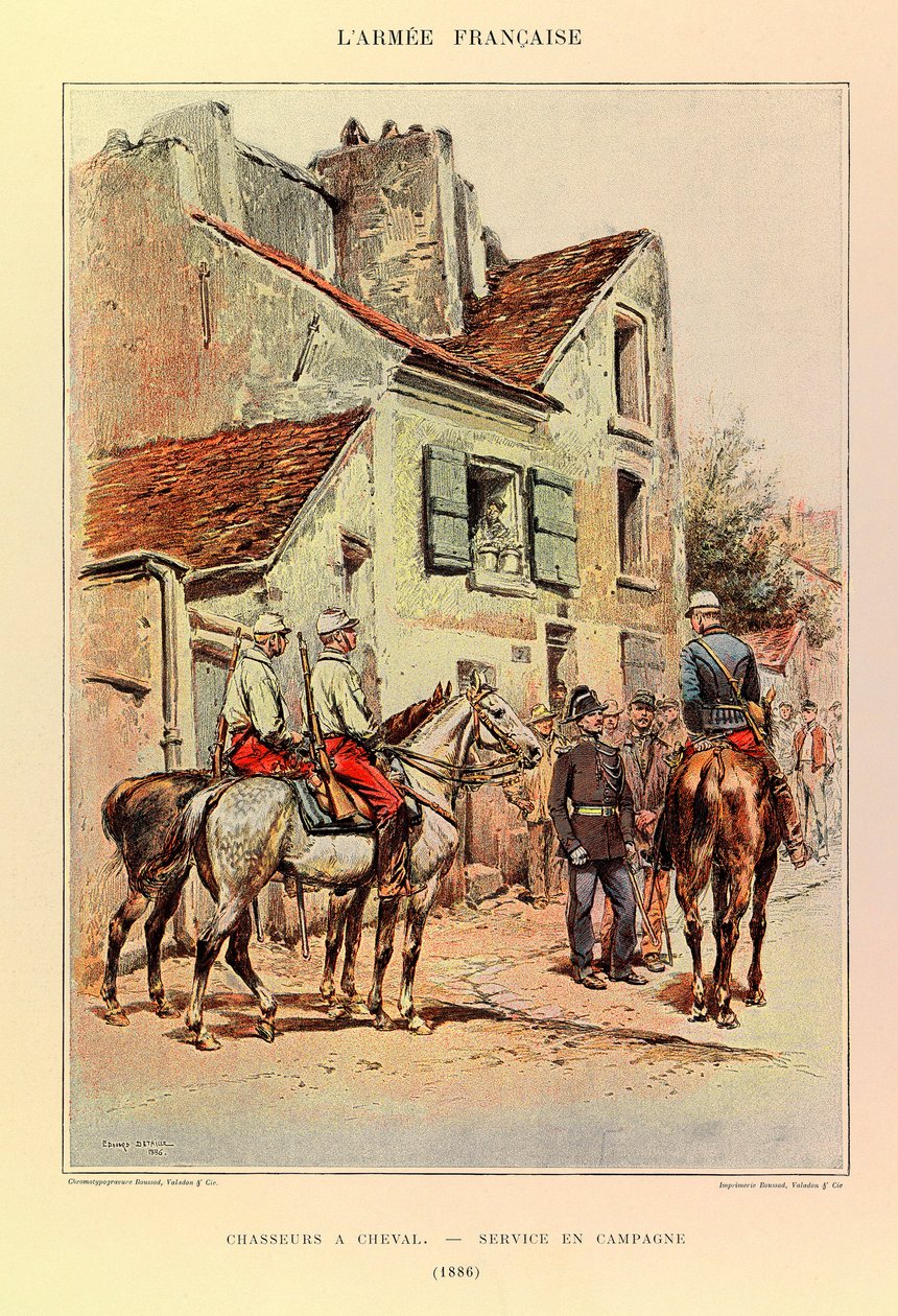 Edouard Detaille（1848-1912）が描いたジュール・リシャール大尉のフランス軍の種類と軍服：馬上の狩人、1886年の野外活動、個人蔵 作： ジャン・バプティスト・エドゥアール・ディテール