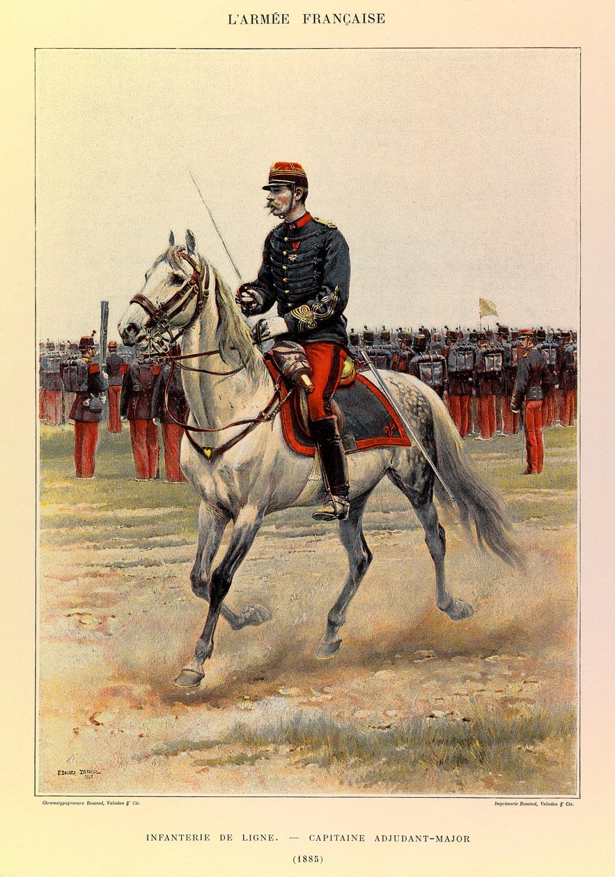 ジュール・リシャール大尉のフランス軍の種類と軍服、エドゥアール・ディテール（1848-1912）によるイラスト。ライン・インファントリー。1885年の大尉令状係、プライベート・コレクション 作： ジャン・バプティスト・エドゥアール・ディテール