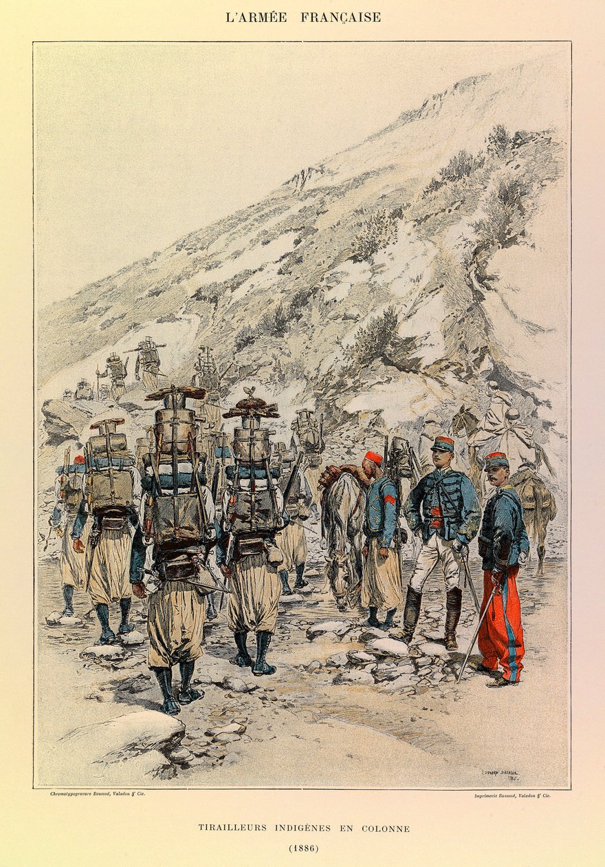 ジュール・リシャール大尉のフランス軍の種類と軍服、エドゥアール・ディテール（1848-1912）が描いたもの。1886年に隊列を組むティライユ族の人々、個人蔵 作： ジャン・バプティスト・エドゥアール・ディテール