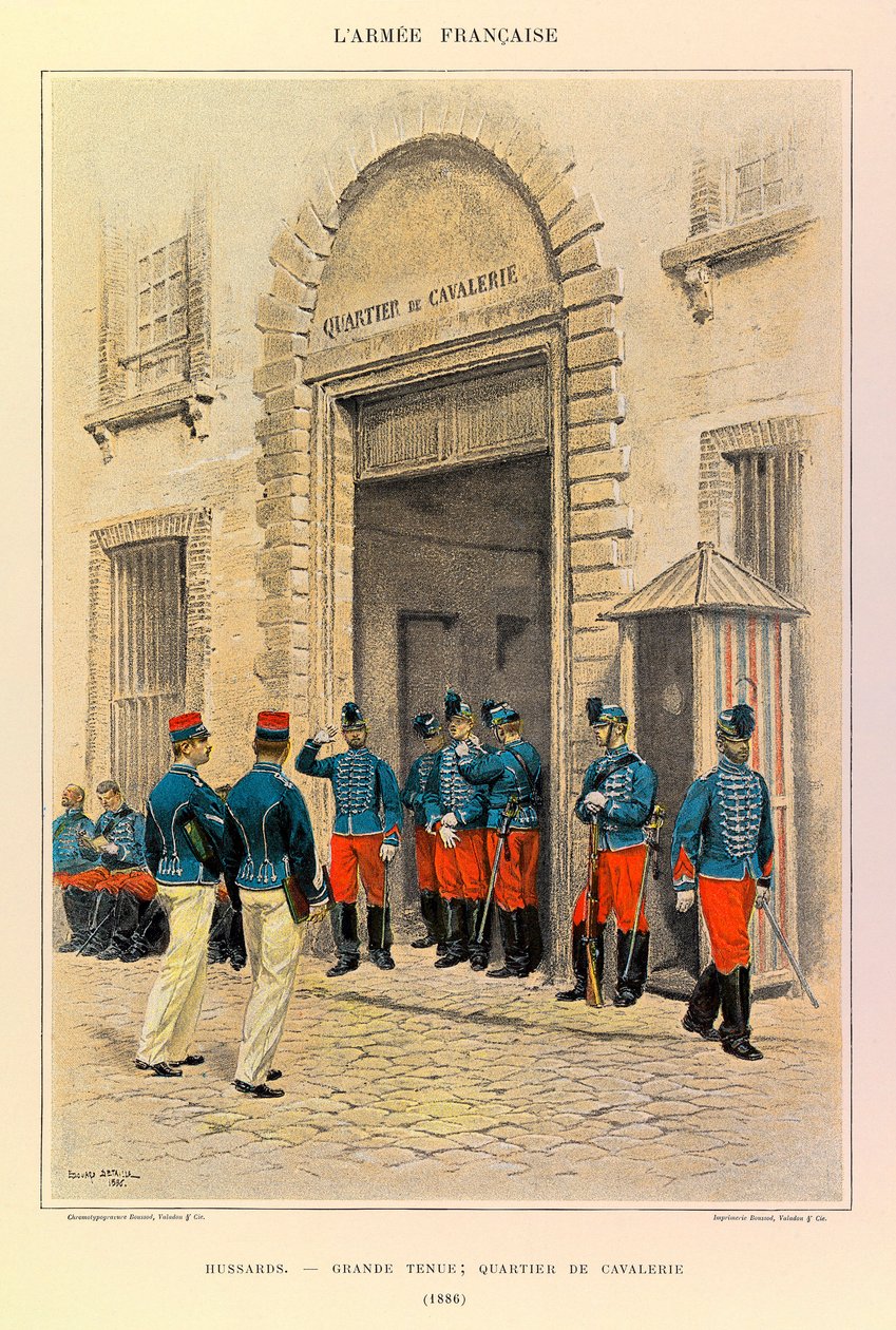 Edouard Detaille（1848-1912）が描いたジュール・リシャール大尉のフランス軍の種類と軍服：偉大なドレスを着たユサール軍、1886年の騎兵隊地区、個人蔵 作： ジャン・バプティスト・エドゥアール・ディテール