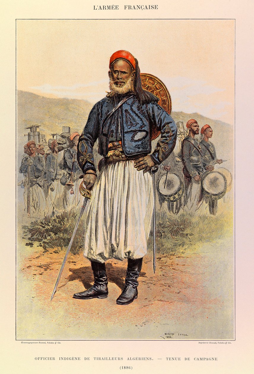 ジュール・リシャール大尉のフランス軍の種類と軍服、エドゥアール・ディテール（1848-1912）の図解。1886年、野戦服を着たアルジェリア・チュニオールのネイティブ・オフィサー、プライベート・コレクション 作： ジャン・バプティスト・エドゥアール・ディテール