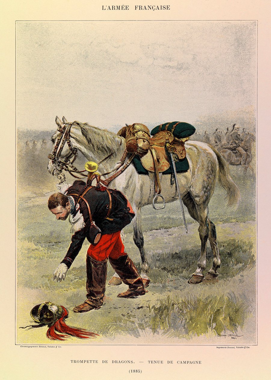 ジュール・リシャール大尉のフランス軍の種類と軍服、エドゥアール・ディテール（1848-1912）が描いたもの。1885年のカントリードレスを着たドラゴンのトランペット、個人蔵 作： ジャン・バプティスト・エドゥアール・ディテール