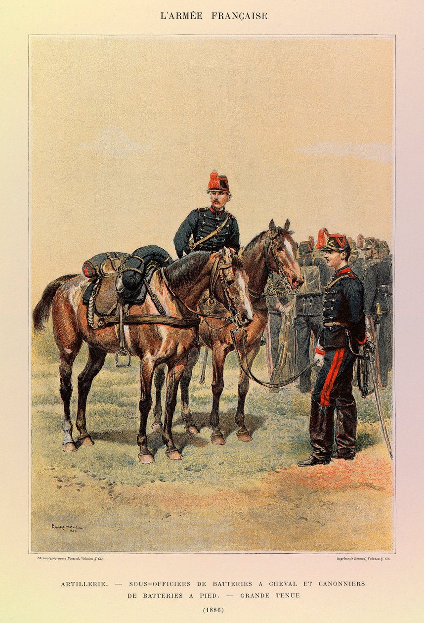 Edouard Detaille（1848-1912）が描いたジュール・リシャール大尉のフランス軍の種類と軍服。砲兵隊。馬に乗った砲台の下士官と足に乗った砲台の砲手（1886年）、個人蔵 作： ジャン・バプティスト・エドゥアール・ディテール
