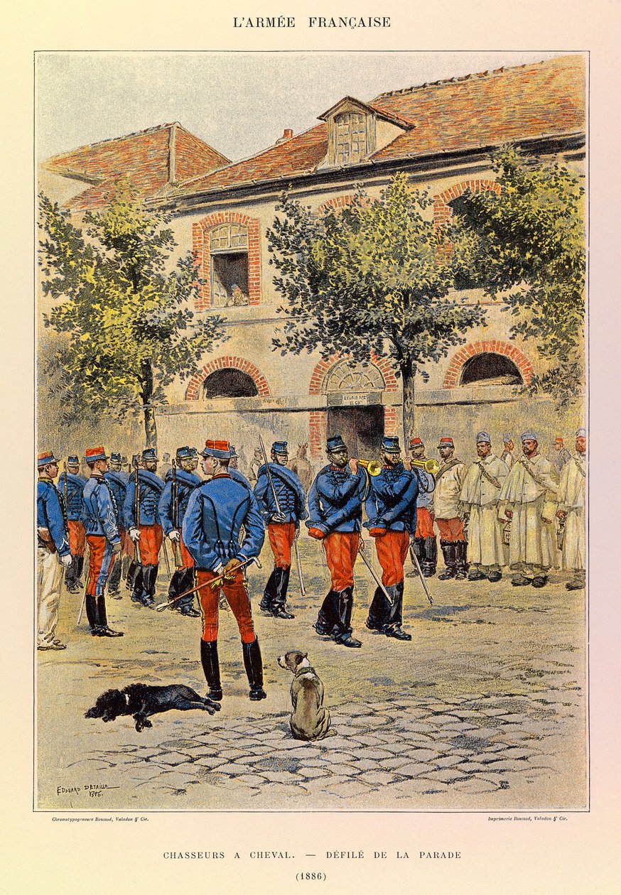ジュール・リシャール大尉のフランス軍の種類と軍服、エドゥアール・ディテール（1848-1912）が描いた「馬上の狩人」、「Defile de la parade en 1886」、コレクション・パルティアル 作： ジャン・バプティスト・エドゥアール・ディテール