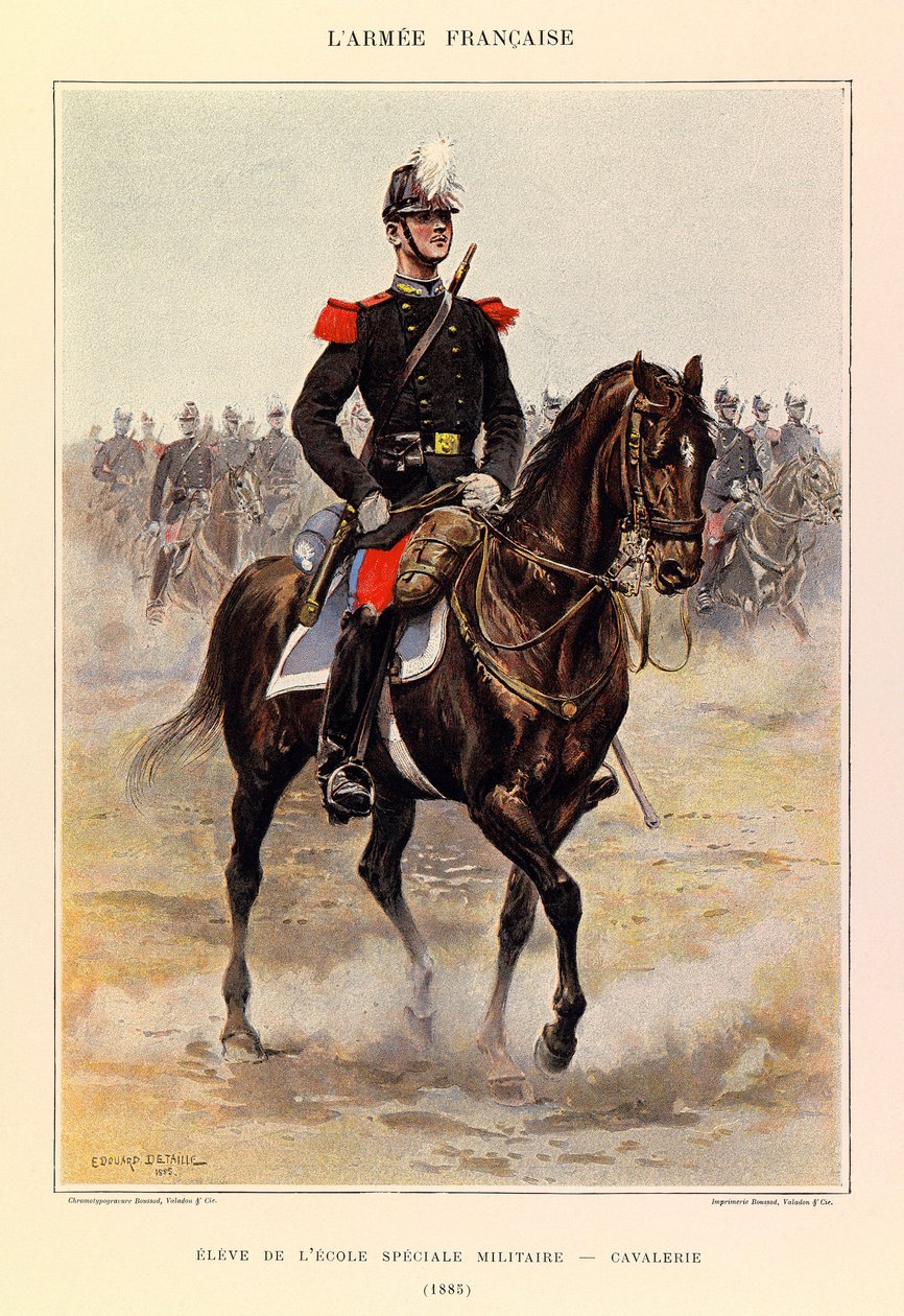 ジュール・リシャール大尉のフランス軍の種類と軍服、エドゥアール・ディテール（1848-1912）が描いたもの。特別軍事学校の生徒。1885年の騎兵隊、個人蔵 作： ジャン・バプティスト・エドゥアール・ディテール