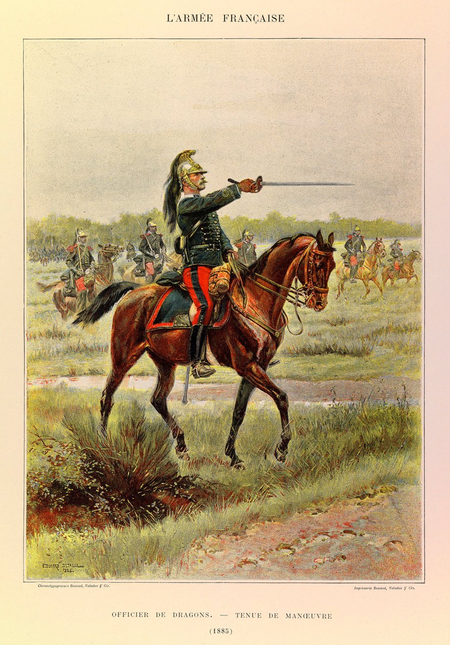 Edouard Detaille（1848-1912）が描いた、ジュール・リシャール大尉のフランス軍の種類と制服。1885年、マニューバー・スーツを着たドラゴンズの将校、プライベート・コレクション 作： ジャン・バプティスト・エドゥアール・ディテール