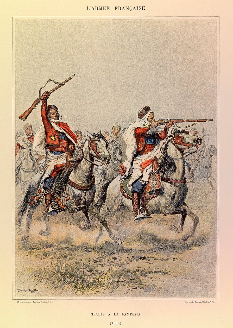 ジュール・リシャール大尉のフランス軍の種類と軍服、エドゥアール・ディテール（1848-1912）のイラスト。1886年の『スパヒス・ア・ラ・ファンタジア』、プライベート・コレクション 作： ジャン・バプティスト・エドゥアール・ディテール