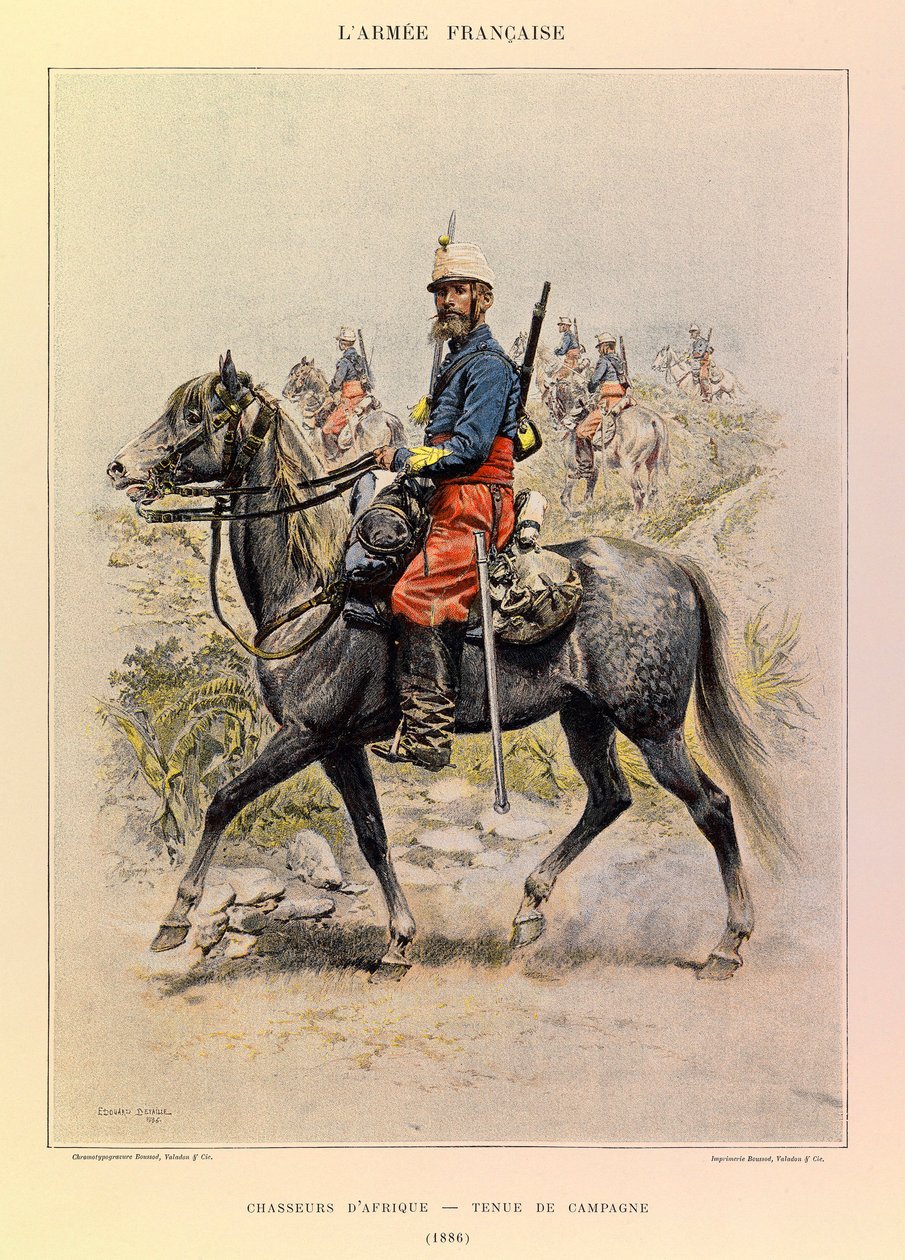 Edouard Detaille（1848-1912）が描いたジュール・リシャール大尉のフランス軍の種類と軍服：1886年のカントリードレスを着たアフリカの狩猟者たち、個人蔵 作： ジャン・バプティスト・エドゥアール・ディテール