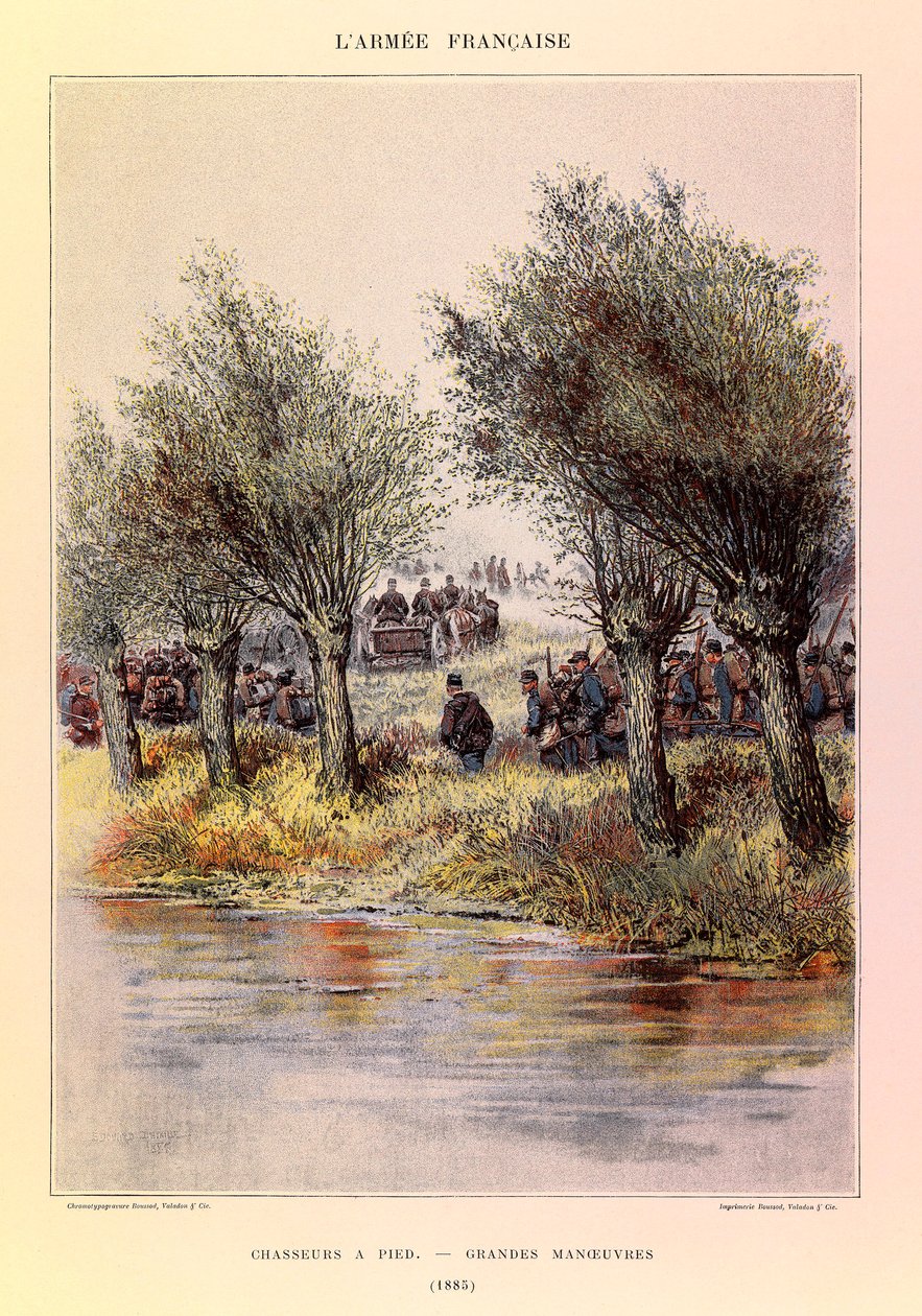 ジュール・リシャール大尉のフランス軍の種類と軍服、エドゥアール・ディテール（1848-1912）の図解：徒歩の狩人、1885年の大演習、プライベート・コレクション 作： ジャン・バプティスト・エドゥアール・ディテール