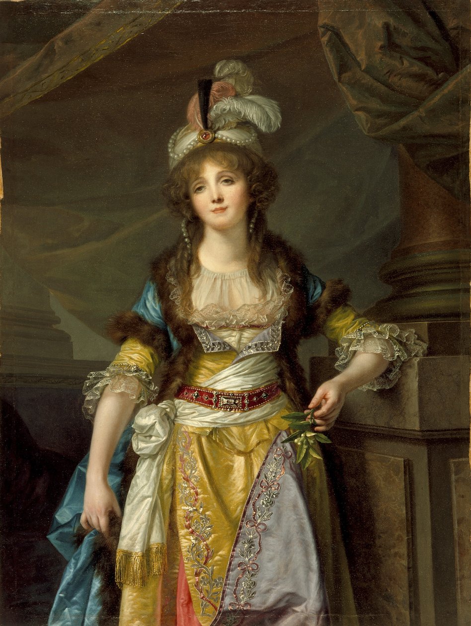 トルコのデザインの凝った服を着た女性の肖像、1790年頃 作： ジャン・バプティスト・グレーズ