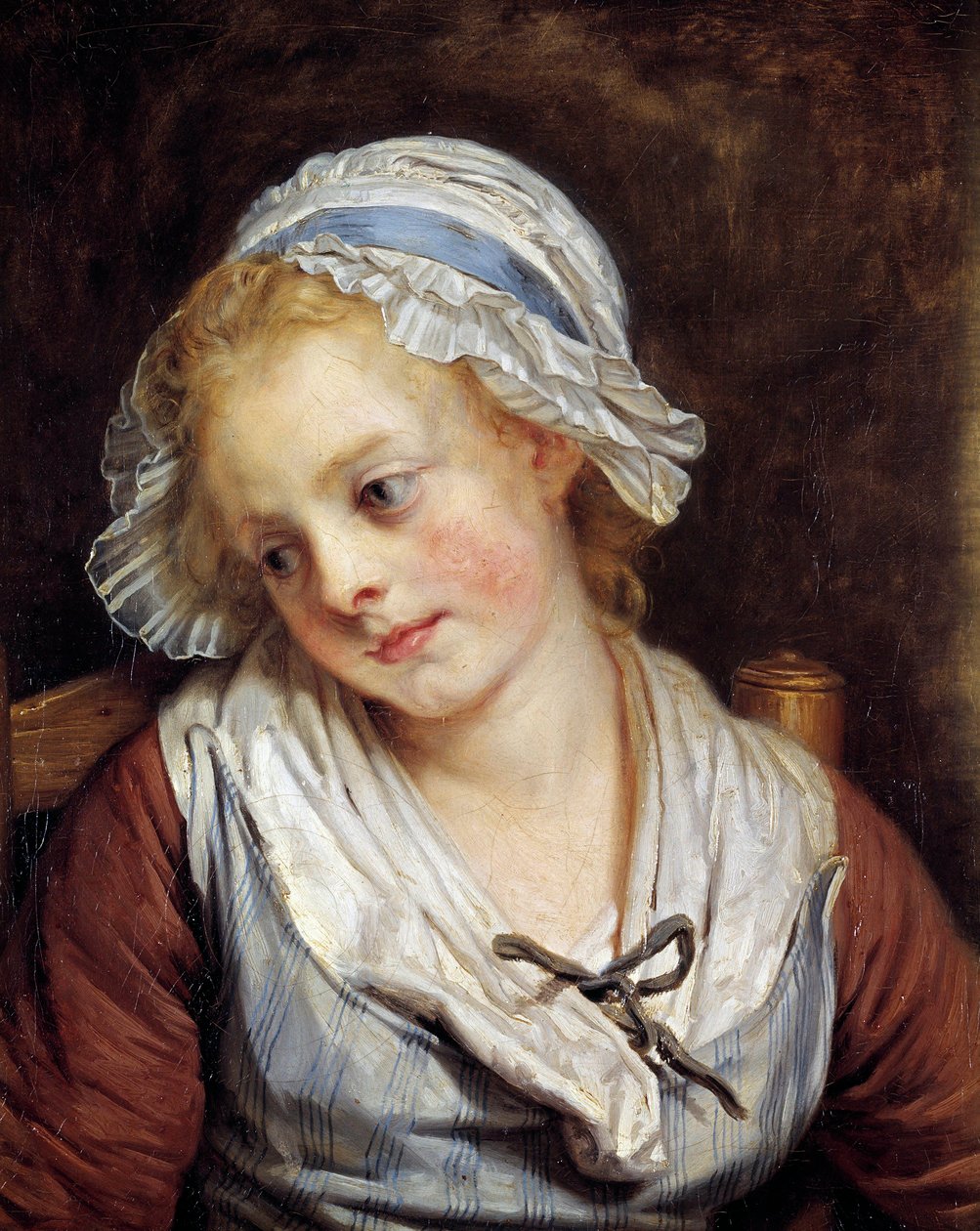 乙女の肖像 ジャン＝バティスト・グルーズ（1725-1805）の絵画。1765.薄暗い。0.45x0.37 m. シャンティイ、コンデ美術館 - 若い娘の肖像。ジャン=バティスト・グルーズ（1725-1805）作の絵画。1765.0.45×0.37m フランス、シャンティイ、コンデ美術館 作： ジャン・バプティスト・グレーズ