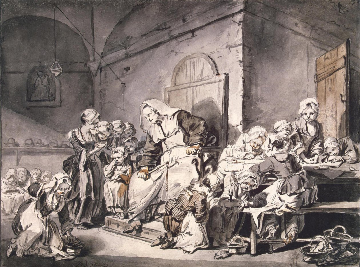 学校の先生 par Greuze, Jean-Baptiste (1725-1805).ペン、筆、灰色と茶色の色、水彩、紙、サイズ：27,8x33,8、約1764-1765年、サンクトペテルブルク、エルミタージュ美術館 作： ジャン・バプティスト・グレーズ