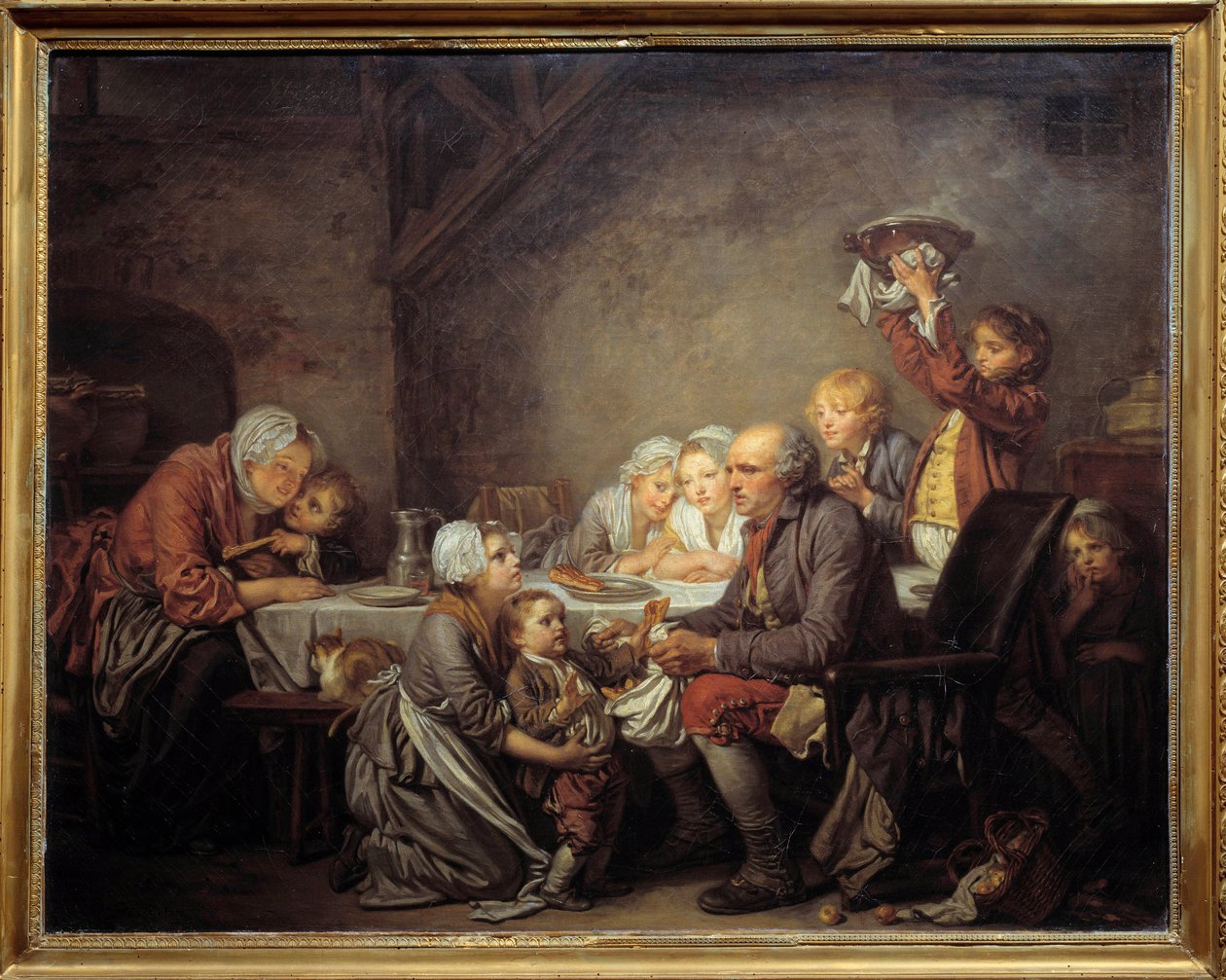 王のケーキ エピファニーの祝宴でケーキを分け合う家族。ジャン・バティスト・グルーズ（1725-1805）による絵画 1774年 日0,72x0,91 m モンペリエ musee Fabre 作： ジャン・バプティスト・グレーズ
