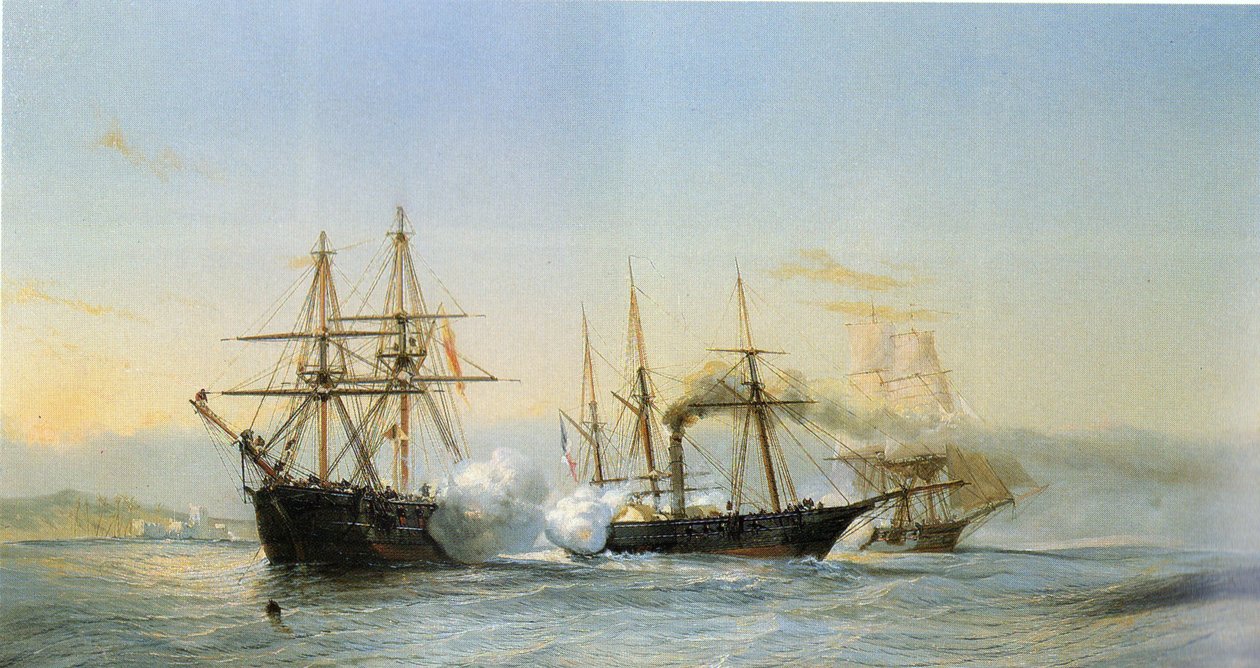 1844年、フランス艦隊によるモガドール爆撃の際、モロッコのブリッグ2隻とフランスのホイール・コルベット1隻がモロッコ沿岸前で行った海戦。 作： ジャン・バティスト・アンリ・デュラン・ブラジェ