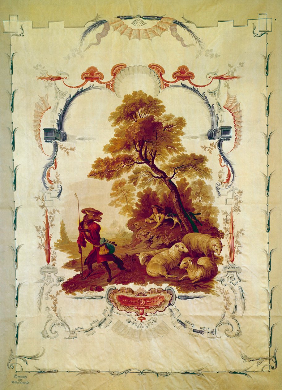 狼は羊飼いになった ジャン・ド・ラ・フォンテーヌの寓話の挿絵です。ジャン・バティスト・ユエ（1745-1811）がボーヴェの工場で製作したタペストリー。18世紀のパリ、国民的家具。 作： ジャン・バプティスト・ウエト