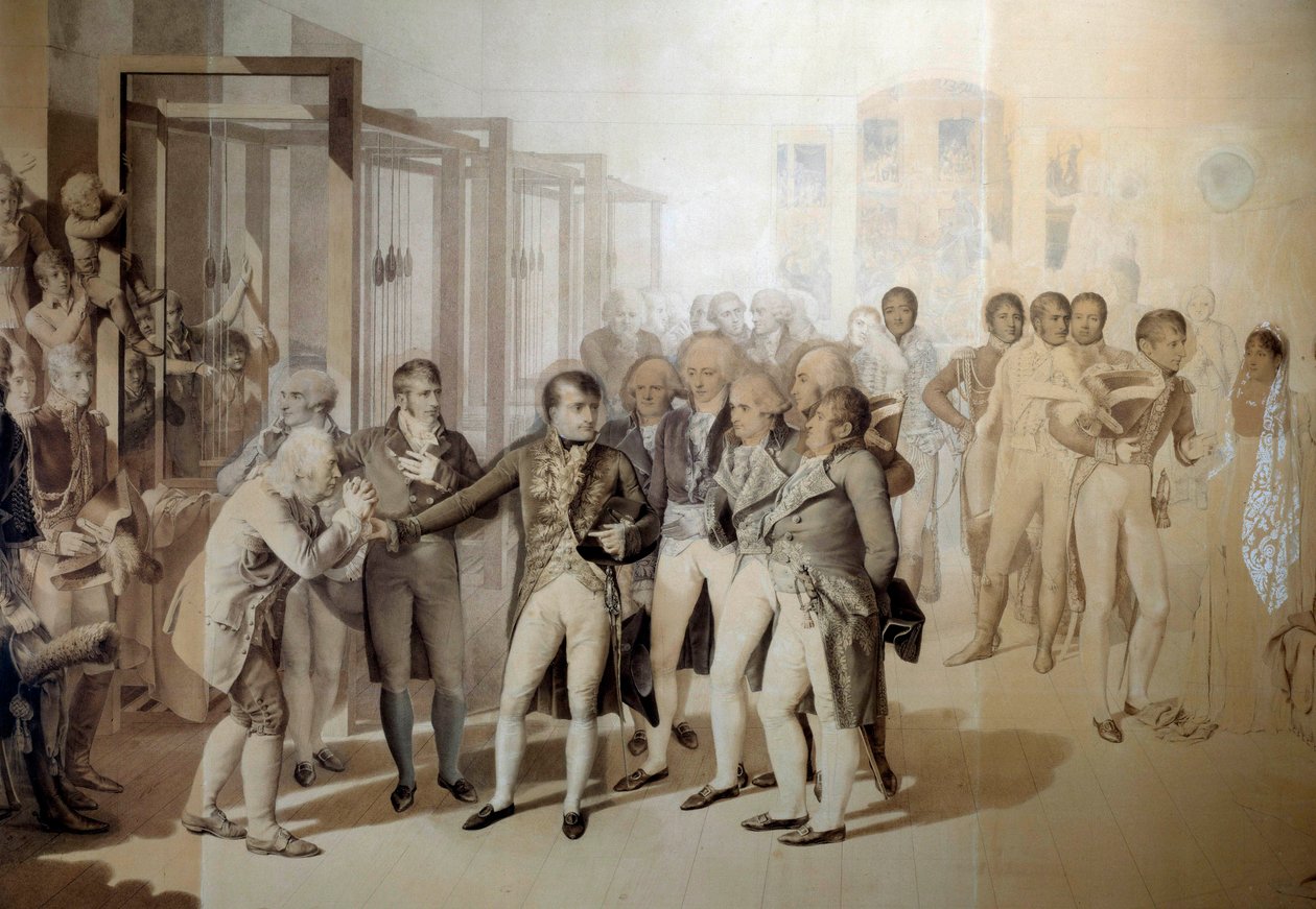 Napoleon Bonaparte, Erster Konsul, besucht die Samtfabrik der Gebrüder Sevene in Rouen, November 1802 von Jean-Baptiste Isabey