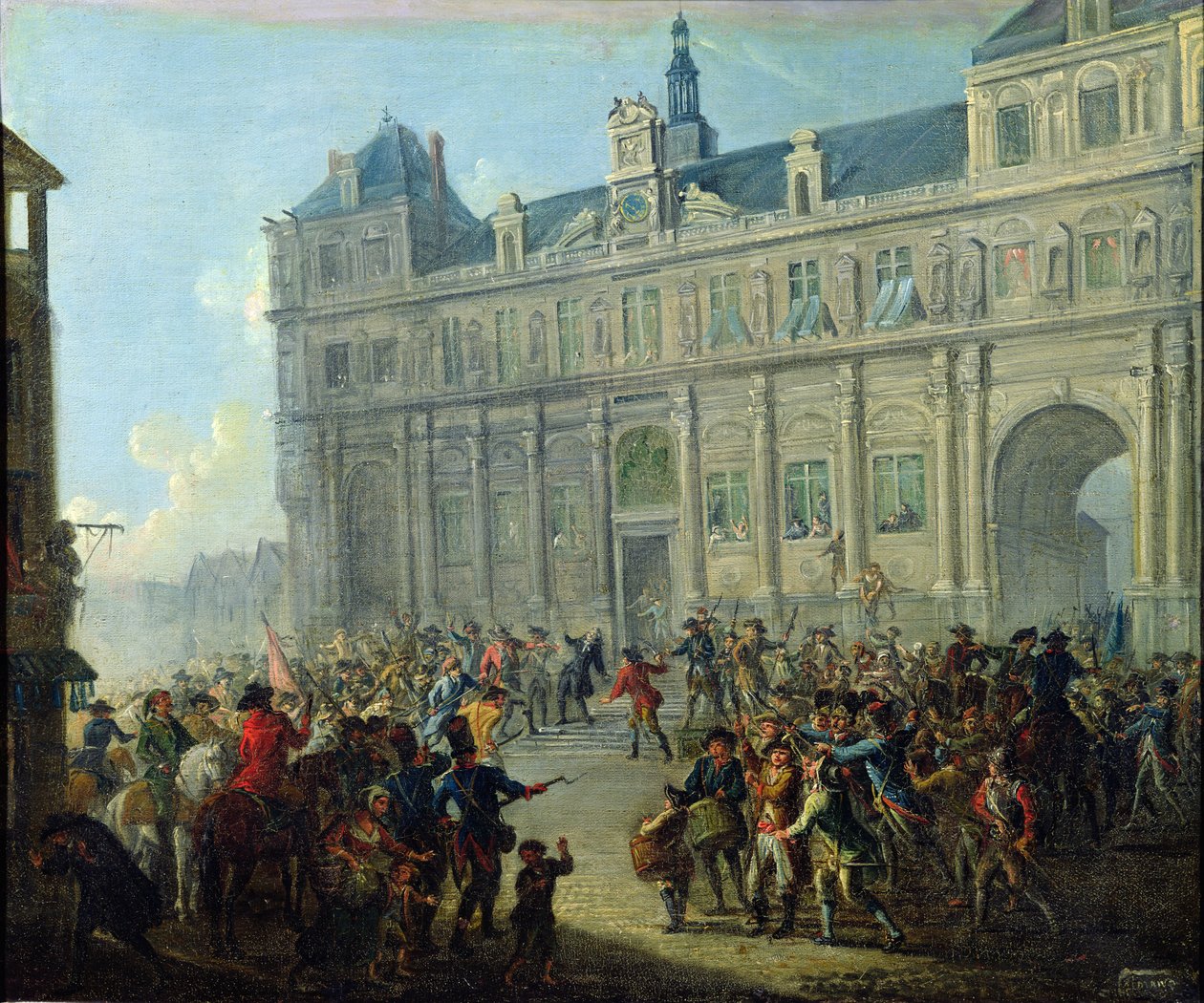 市庁舎の階段でのジャック・ド・フレセル暗殺1789年7月14日 作： ジャン・バプティスト・ラレマンド