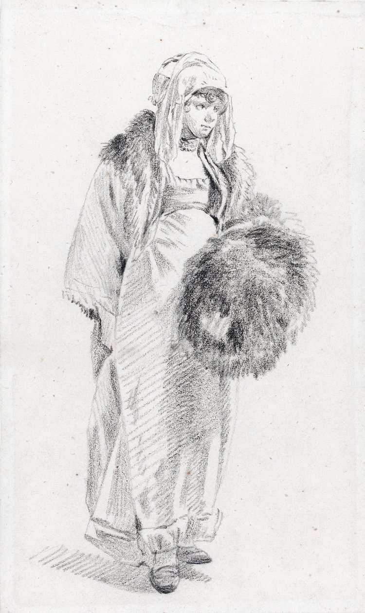 毛皮のマフを持つロシア人女性 par Le Prince, Jean-Baptiste (1734-1781), Between 1758 and 1761 - 紙に黒チョーク, 22,9x13,8 - Private Collection 作： ジャン・バプティスト・ル・プランス