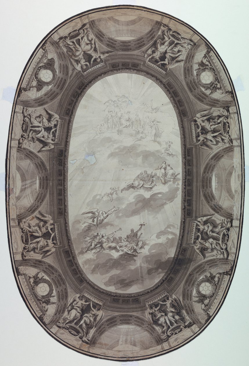 図面、広間の天井の塗装装飾計画（楕円形の塗装天井）、1761年 作： ジャン・バプティスト・マリー・ピエール