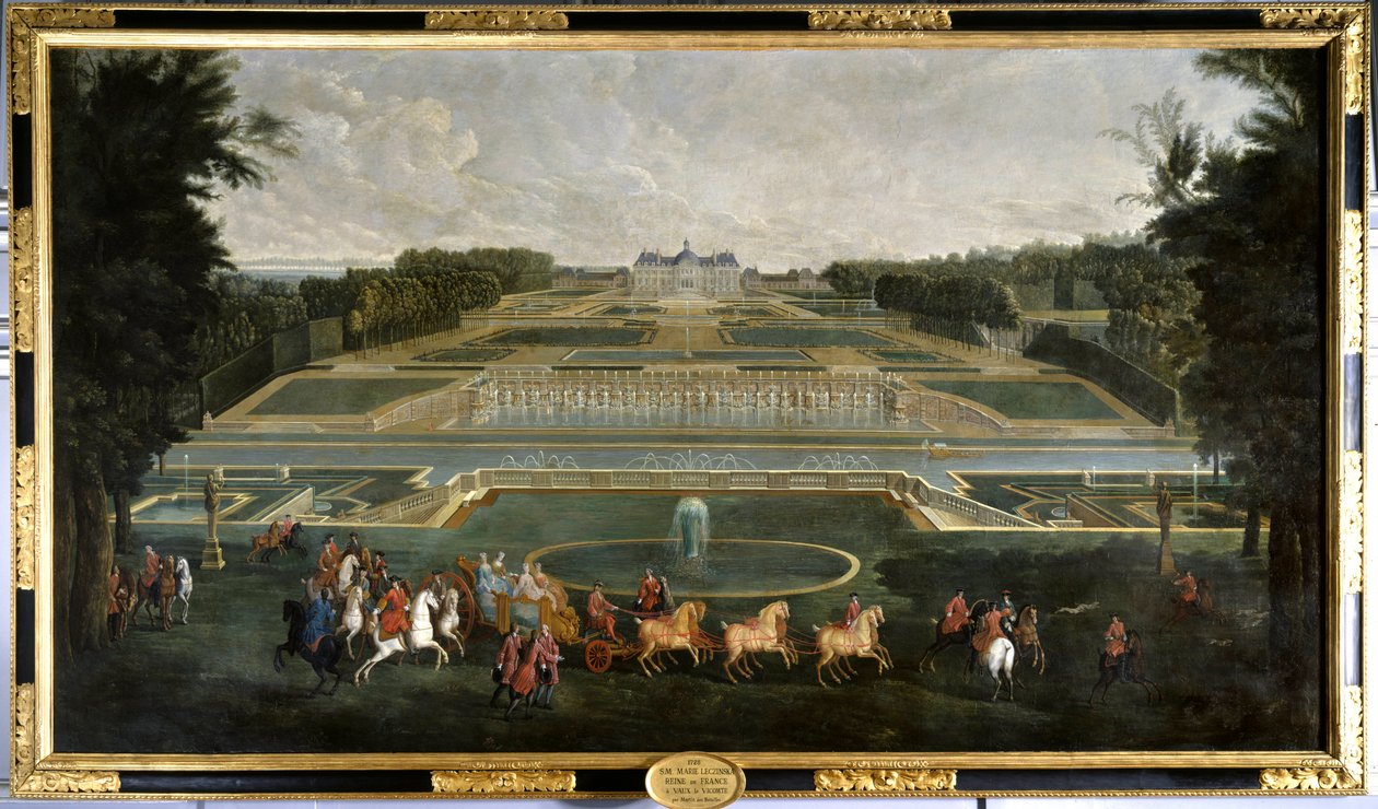 フランス王妃マリー・レクザンスカ（1703-1768）（Leczinska, Lescszinka, Leszinka）ヴォー・ル・ヴィコント城（Vaux-Le-Vicomte）の庭園にて ジャン・バティスト・マルタン（1659-1735）の絵画 1728 Chateau De Vaux Le Visomte.- Fの女王、マリー・レクザンスカ 作： ジャン・バプティスト・マーティン