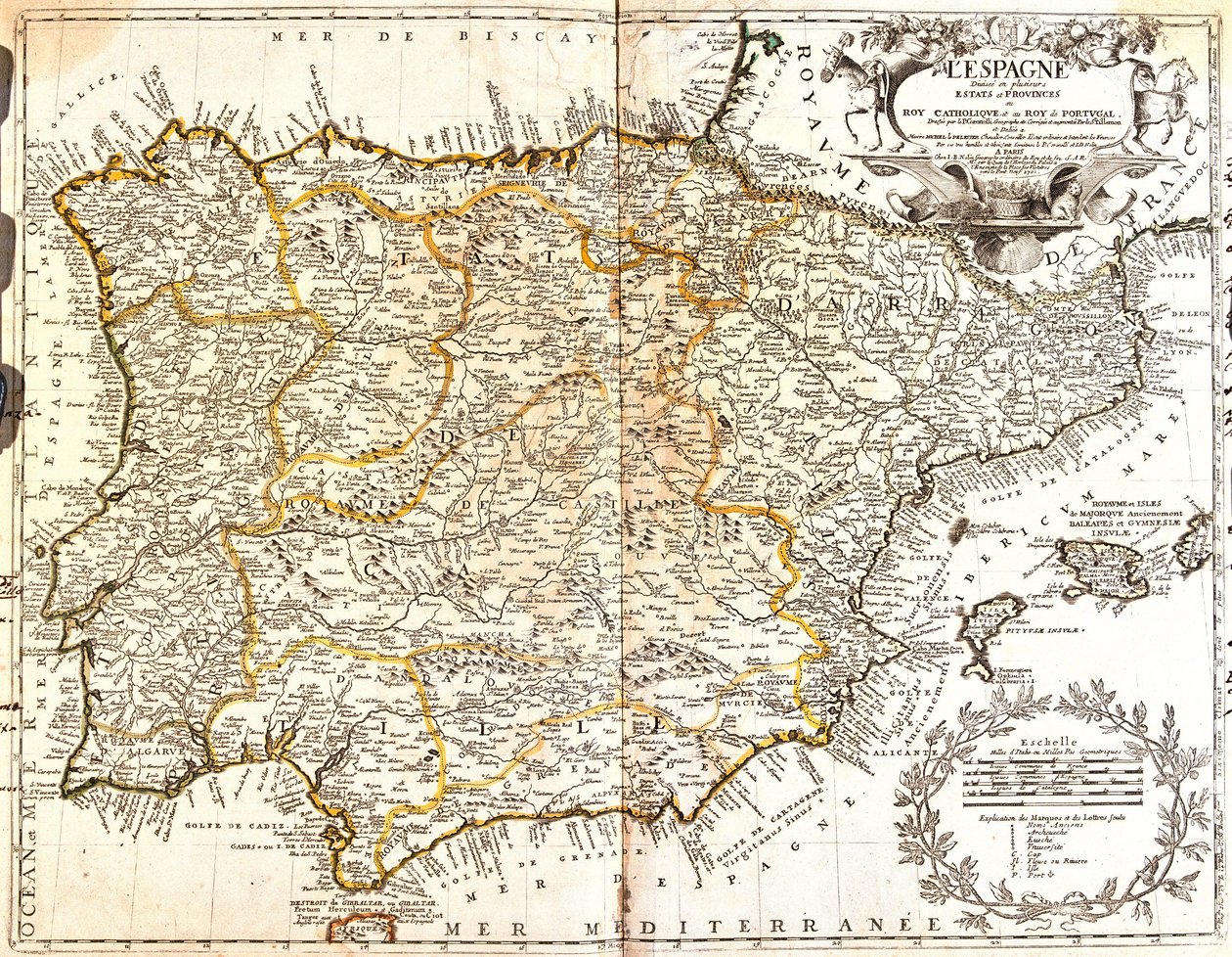スペインとポルトガルの地図（エングレーヴィング 作： ジャン・バプティスト・ノーリン