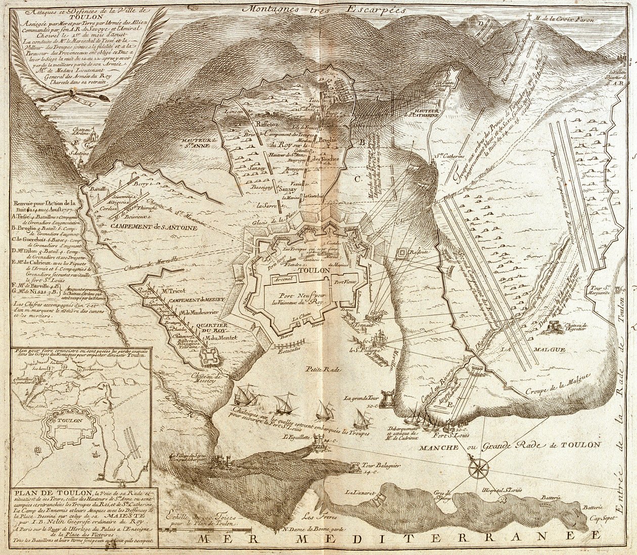 トゥーロン（フランス）の地図（エングレービング 作： ジャン・バプティスト・ノーリン