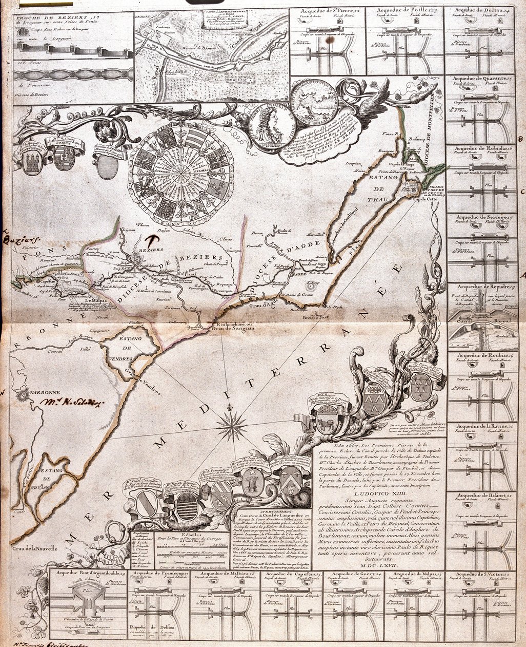 水道橋のあるミディ運河の地図（エングレーヴィング 作： ジャン・バプティスト・ノーリン