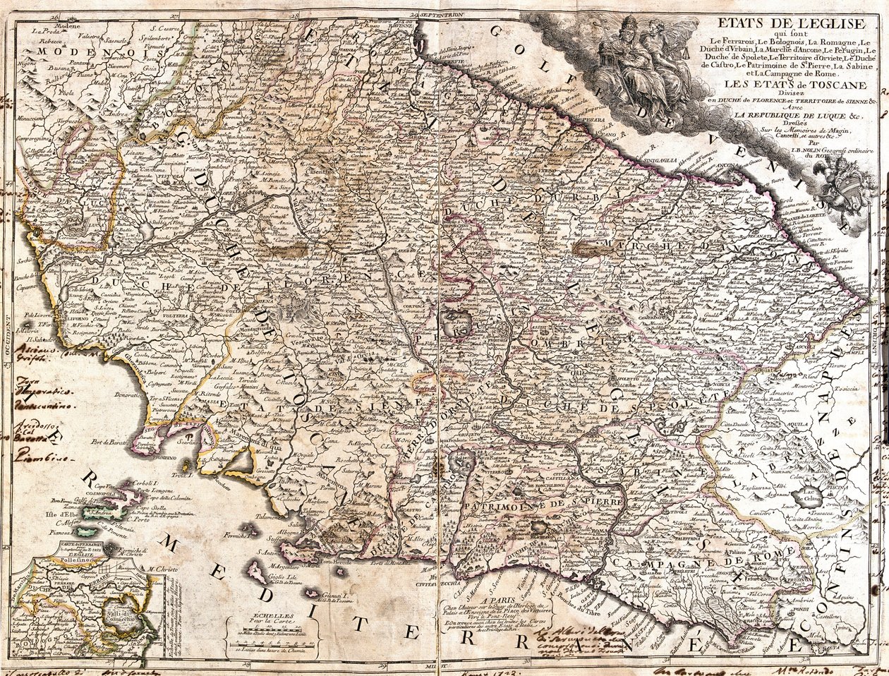 イタリアの教会領地の地図（エッチング 作： ジャン・バプティスト・ノーリン