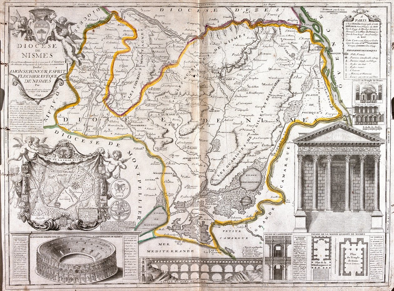 ニーム教区（フランス）の地図（エングレーヴィング 作： ジャン・バプティスト・ノーリン