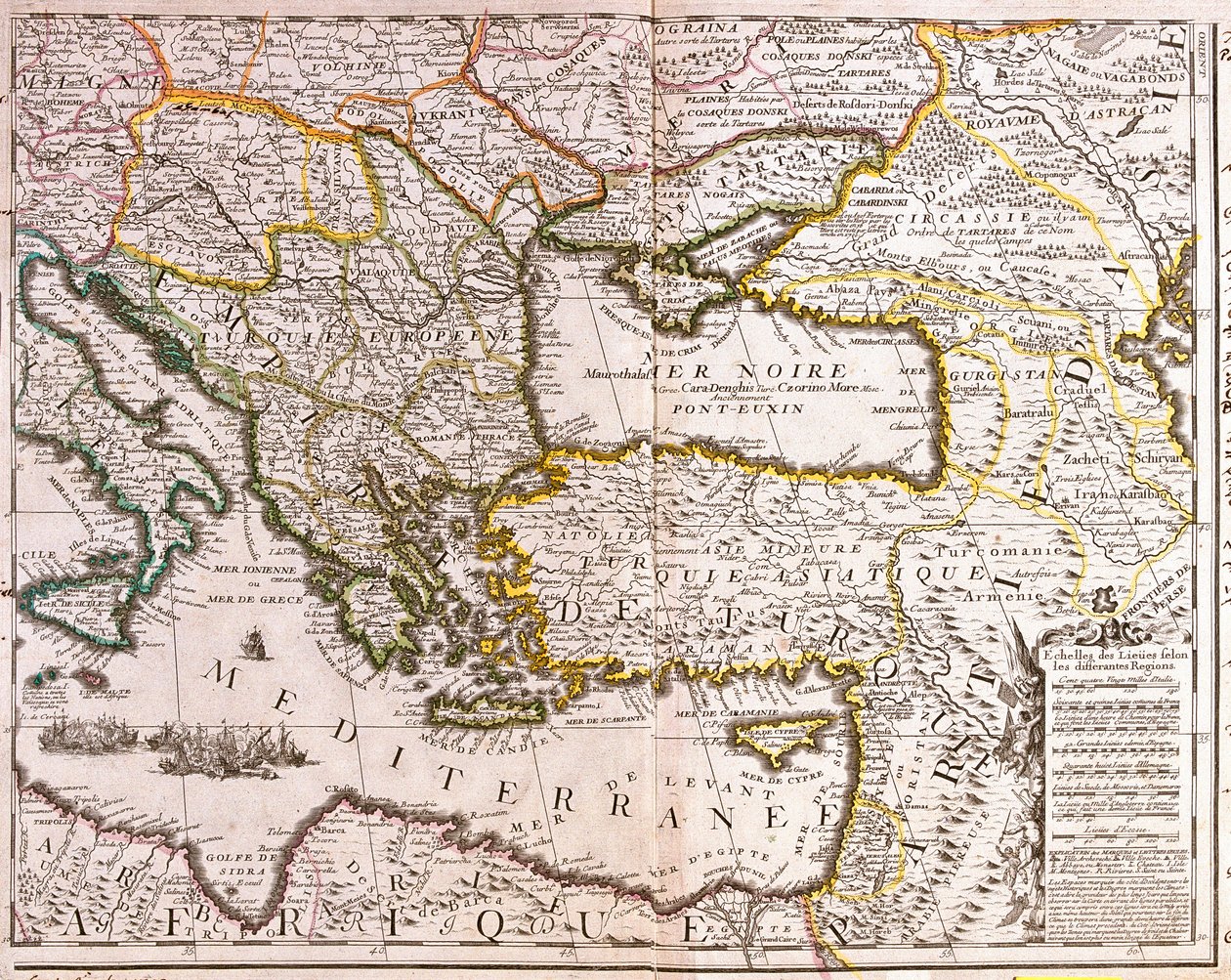 東地中海・黒海諸国、トルコ、小アジアの諸州の地図（エッチング 作： ジャン・バプティスト・ノーリン