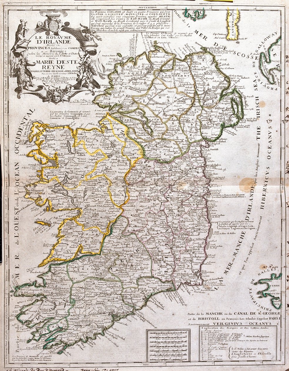 イングランド・スコットランド・アイルランド女王マリー・デステ(1658-1718)に献上されたアイルランド王国の地図（エングレーヴィング 作： ジャン・バプティスト・ノーリン