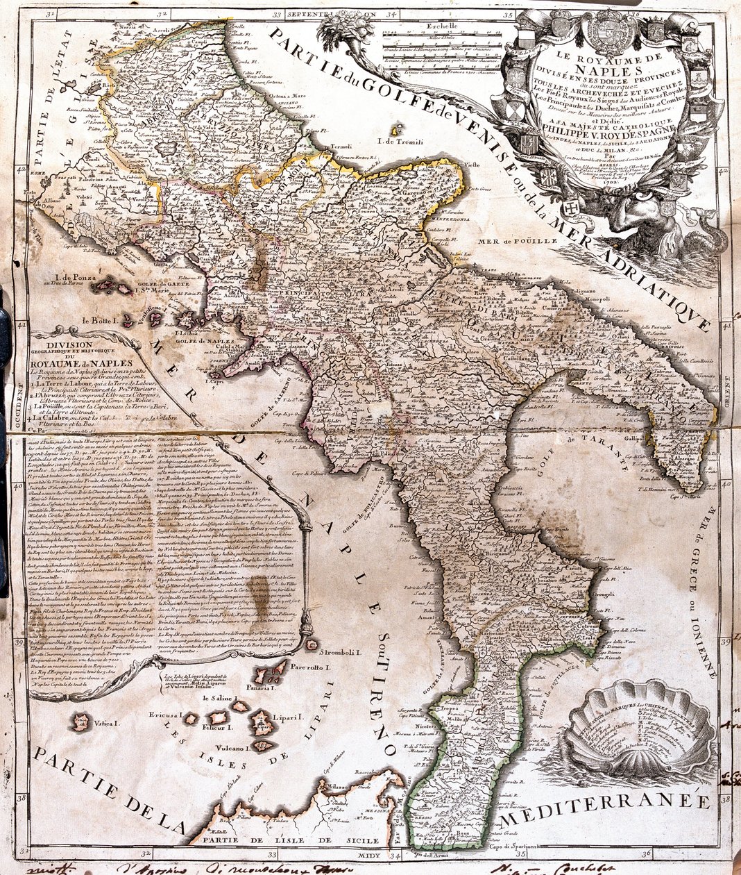 ナポリ王国（イタリア）の地図（エングレービング 作： ジャン・バプティスト・ノーリン