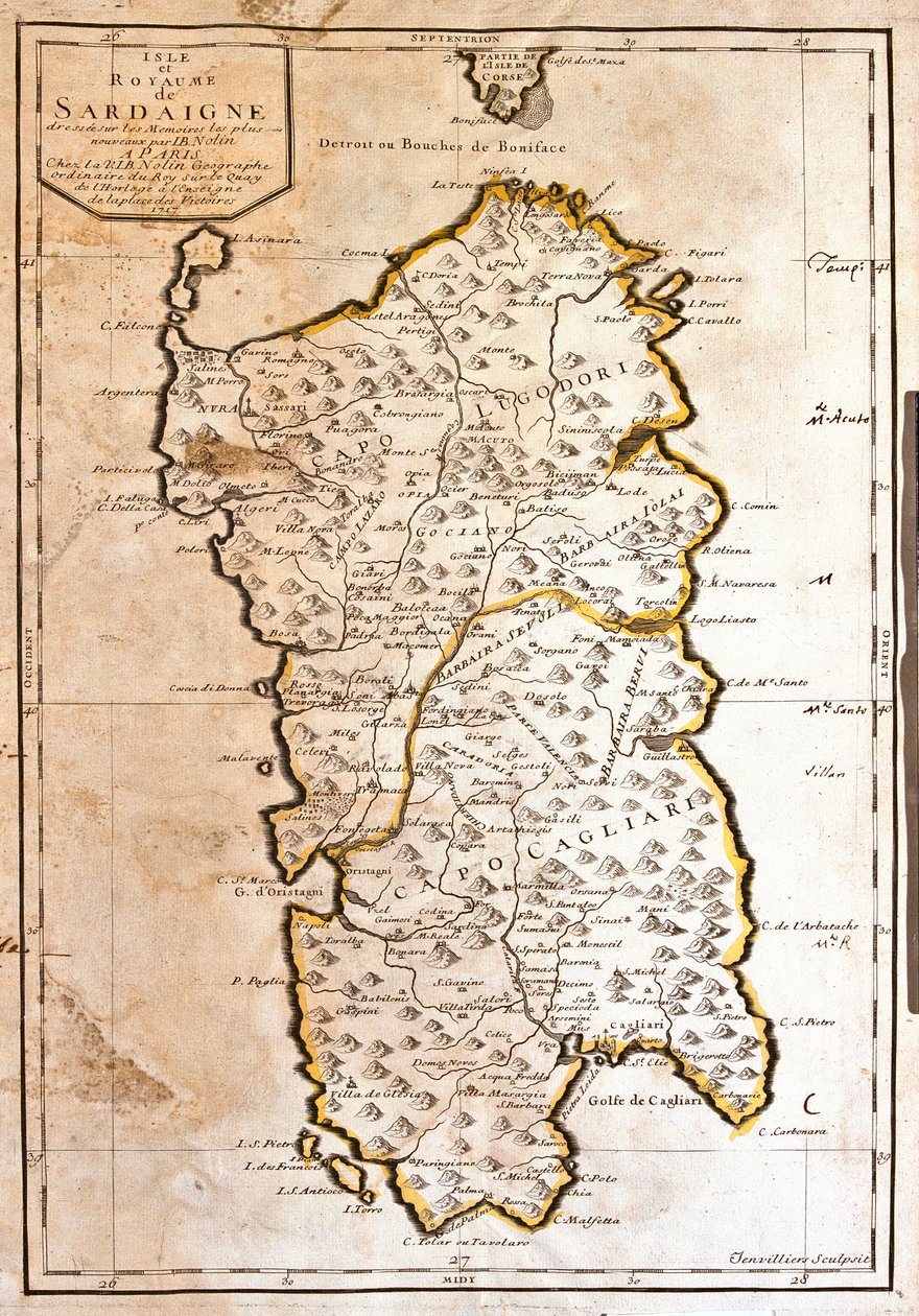サルデーニャ王国（イタリア）の地図（エングレービング 作： ジャン・バプティスト・ノーリン